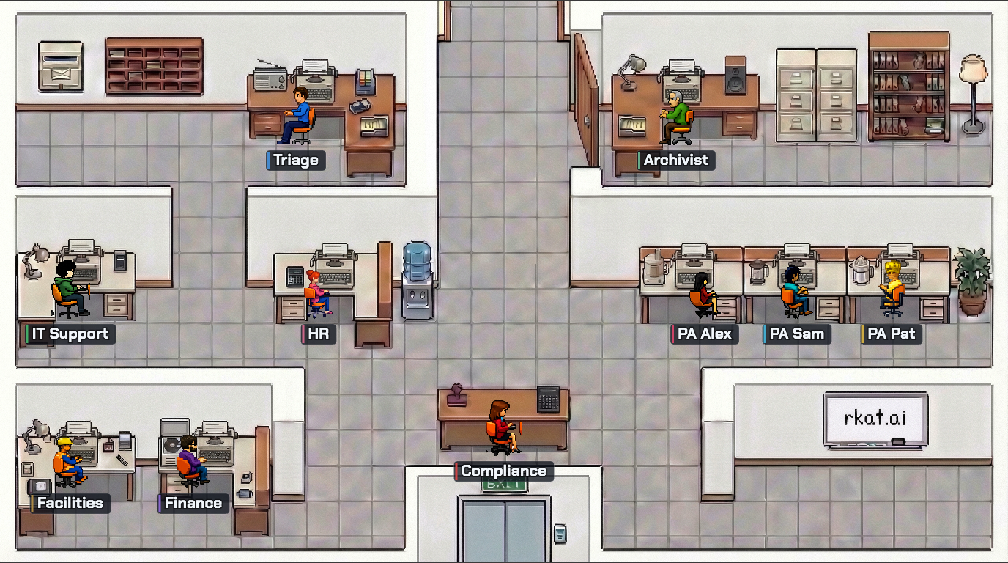 Ten agents at their desks in The Office demo