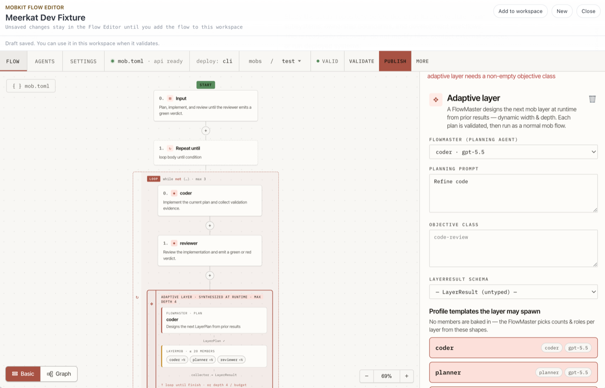 MobKit Flow Editor showing a repeat-until workflow with an adaptive layer and FlowMaster configuration